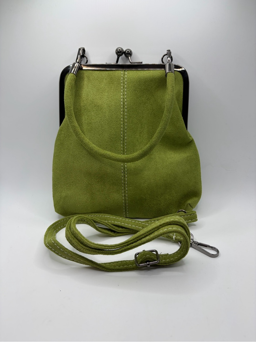 Green Suede Frame-Top Crossbody Bag w/kiss lock